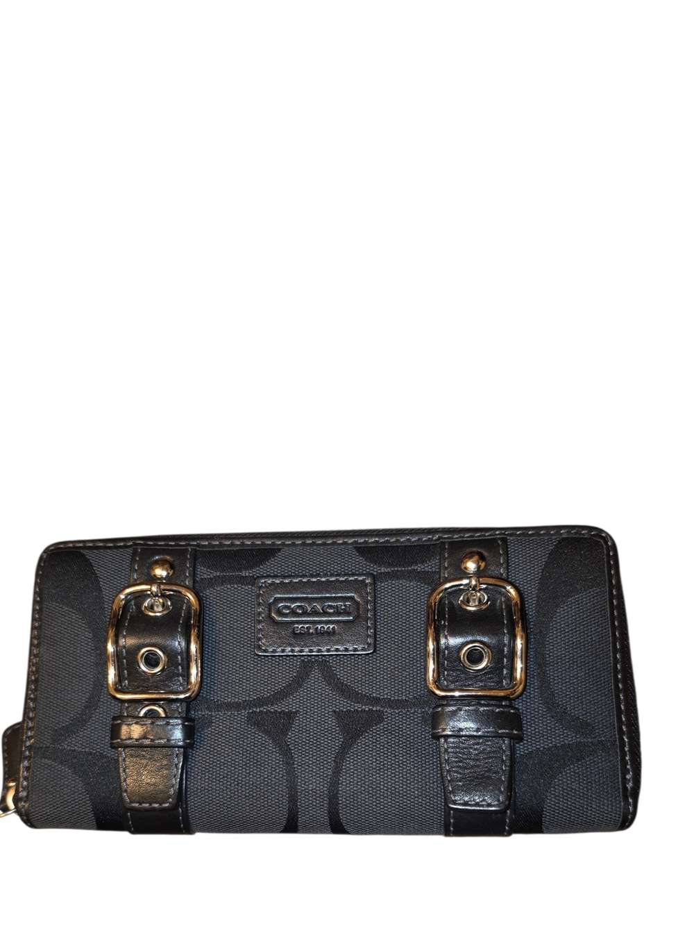 Coach Zoe Black Signature Wallet with Gold Buckle Accents